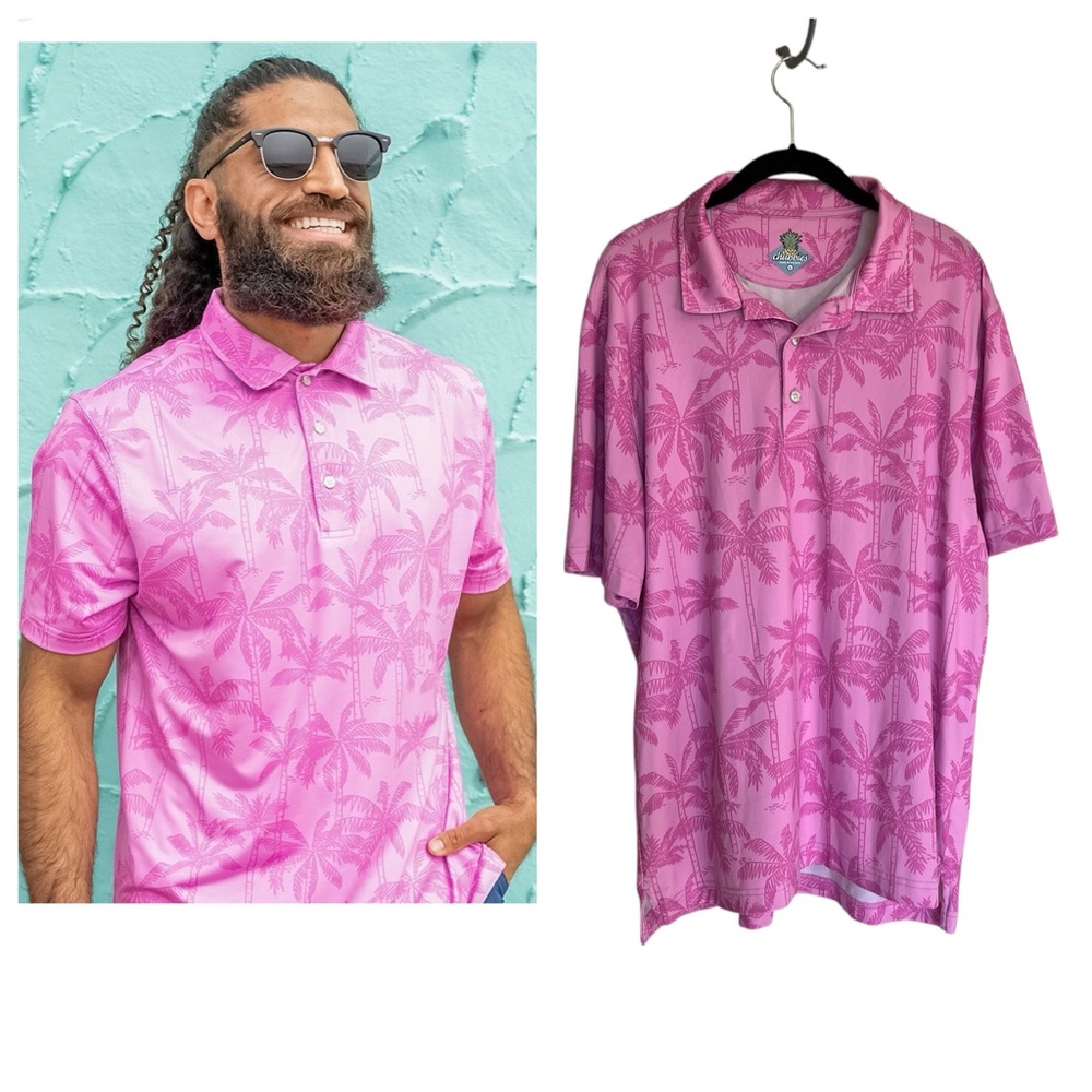 Chubbies men’s pink palm tree short sleeve technical polo shirt large